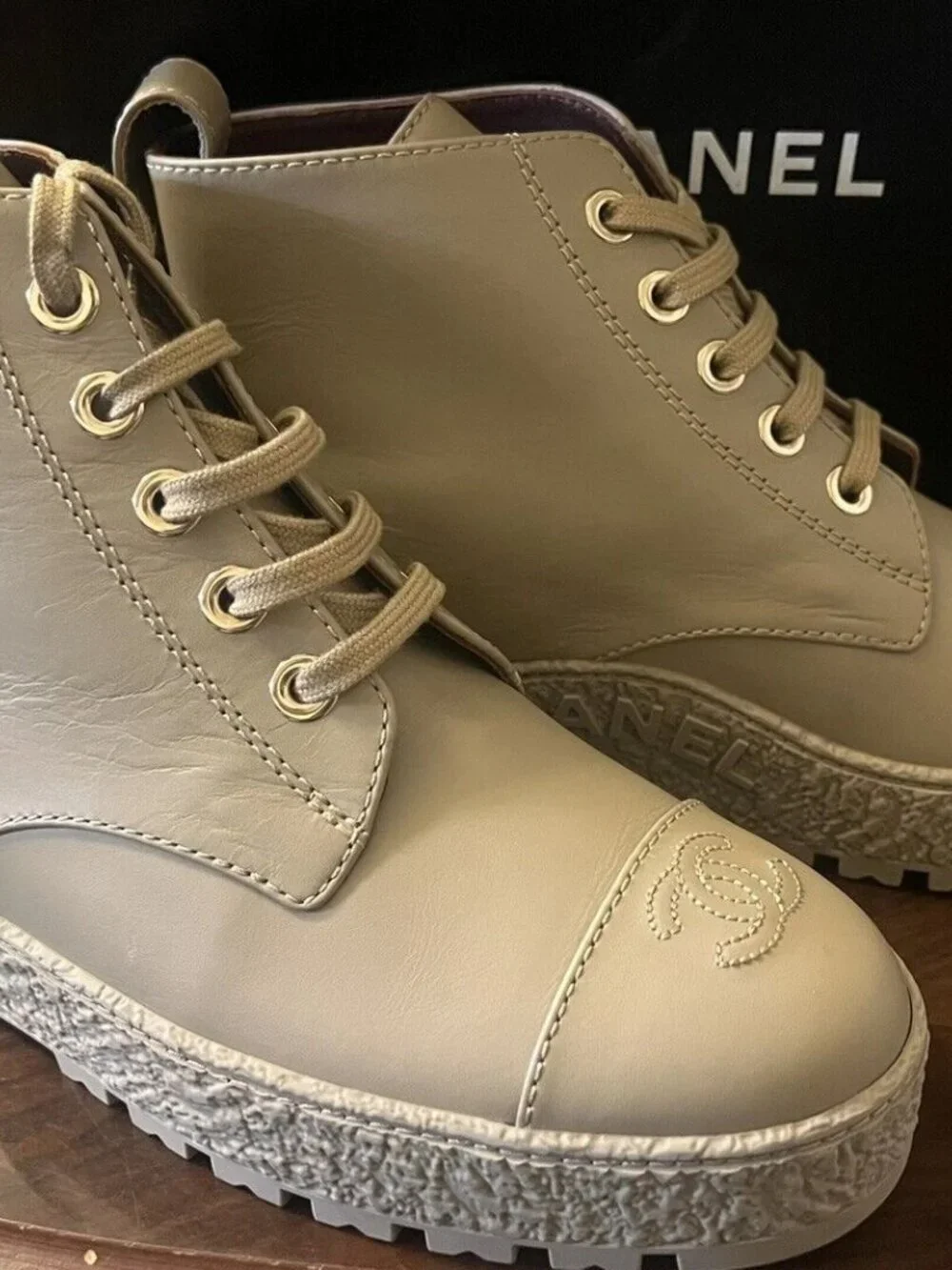 CHANEL CC Logo Beige Leather Turnlock Combat Boots